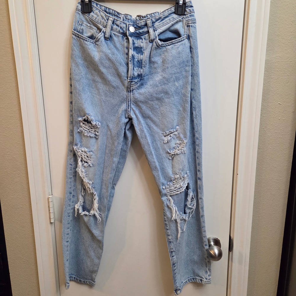 Simple Society Womens High Rise Distressed Mom Jeans Light Wash Button Fly 5/27